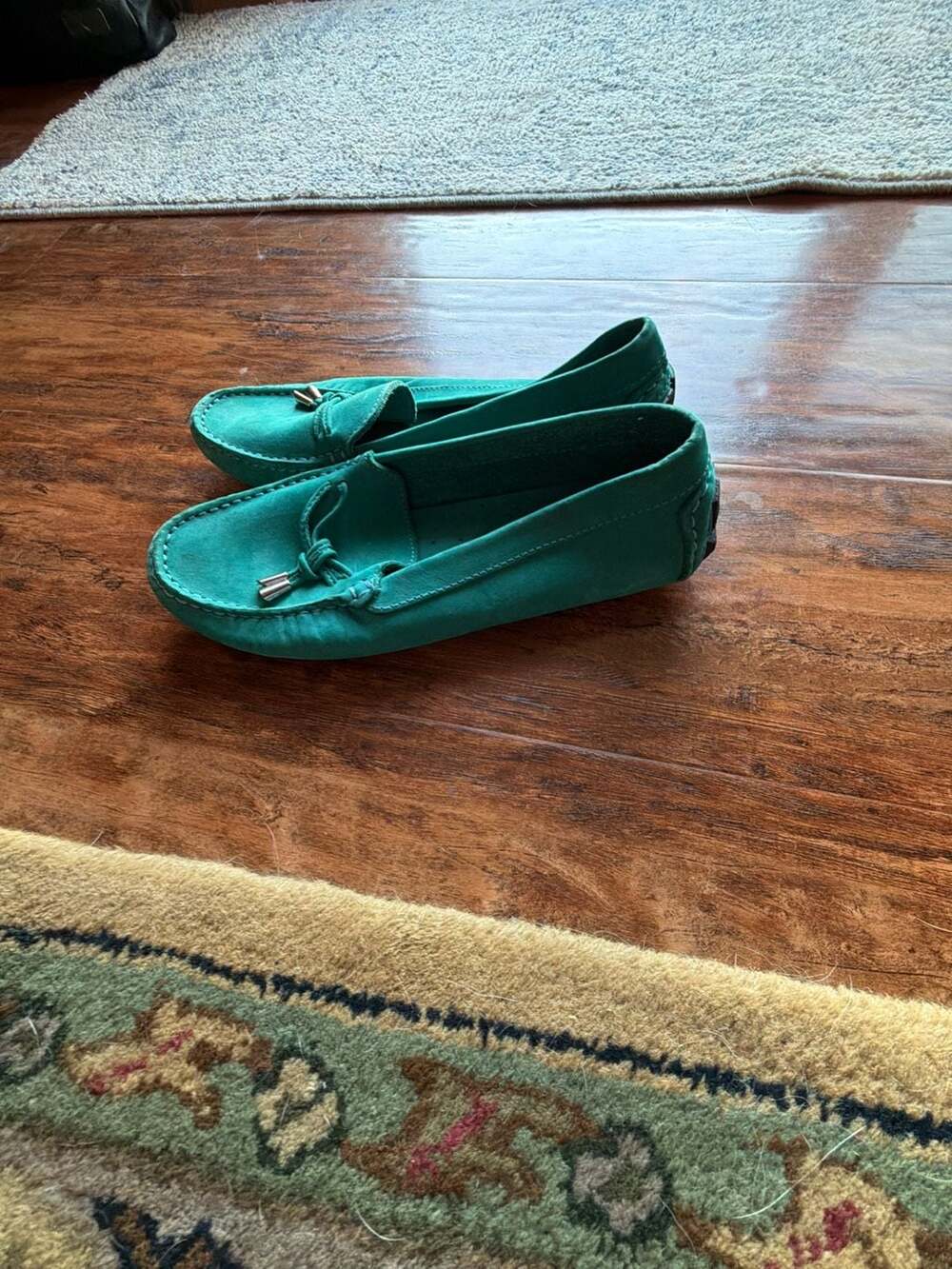 Saks Fifth Avenue Teal Green Suede Driving Moccasin Loafers with Bow Details - Picture 3 of 7
